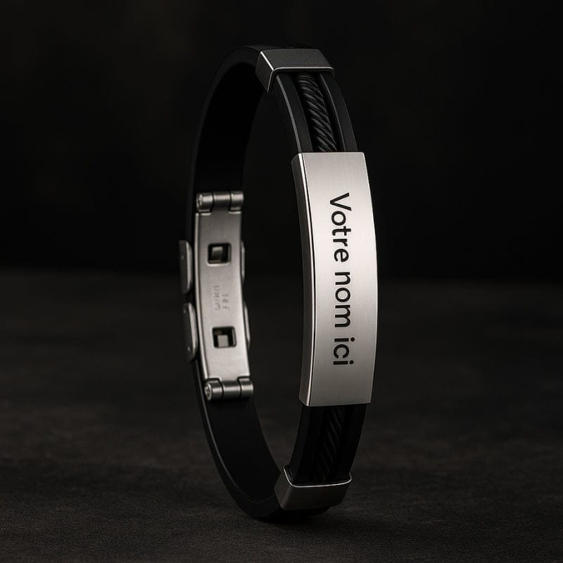 Bracelet silicone homme noir, plaque en acier brossé à graver