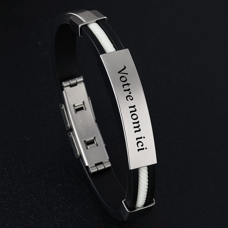 Bracelet silicone homme à câble blanc, plaque en acier brossé à graver