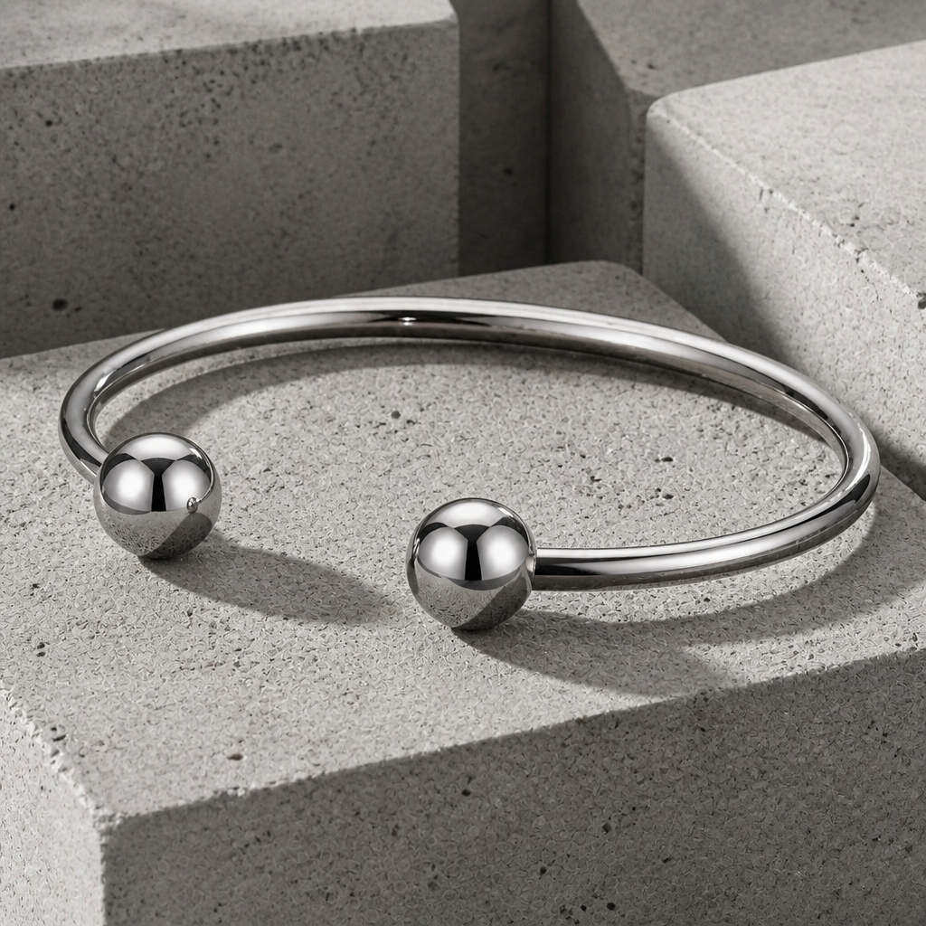 Bracelet simple homme jonc ouvert en acier argent à boules polies