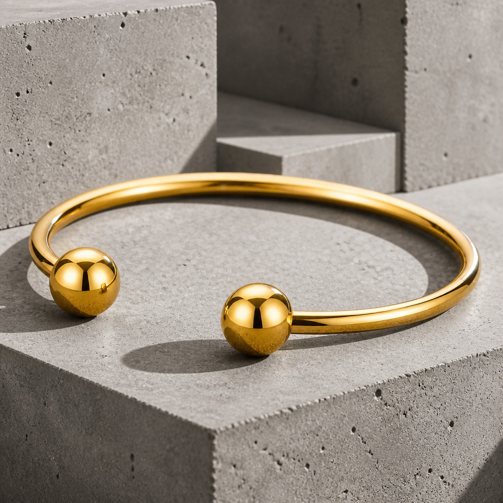 Bracelet simple homme jonc ouvert en acier or à boules polies