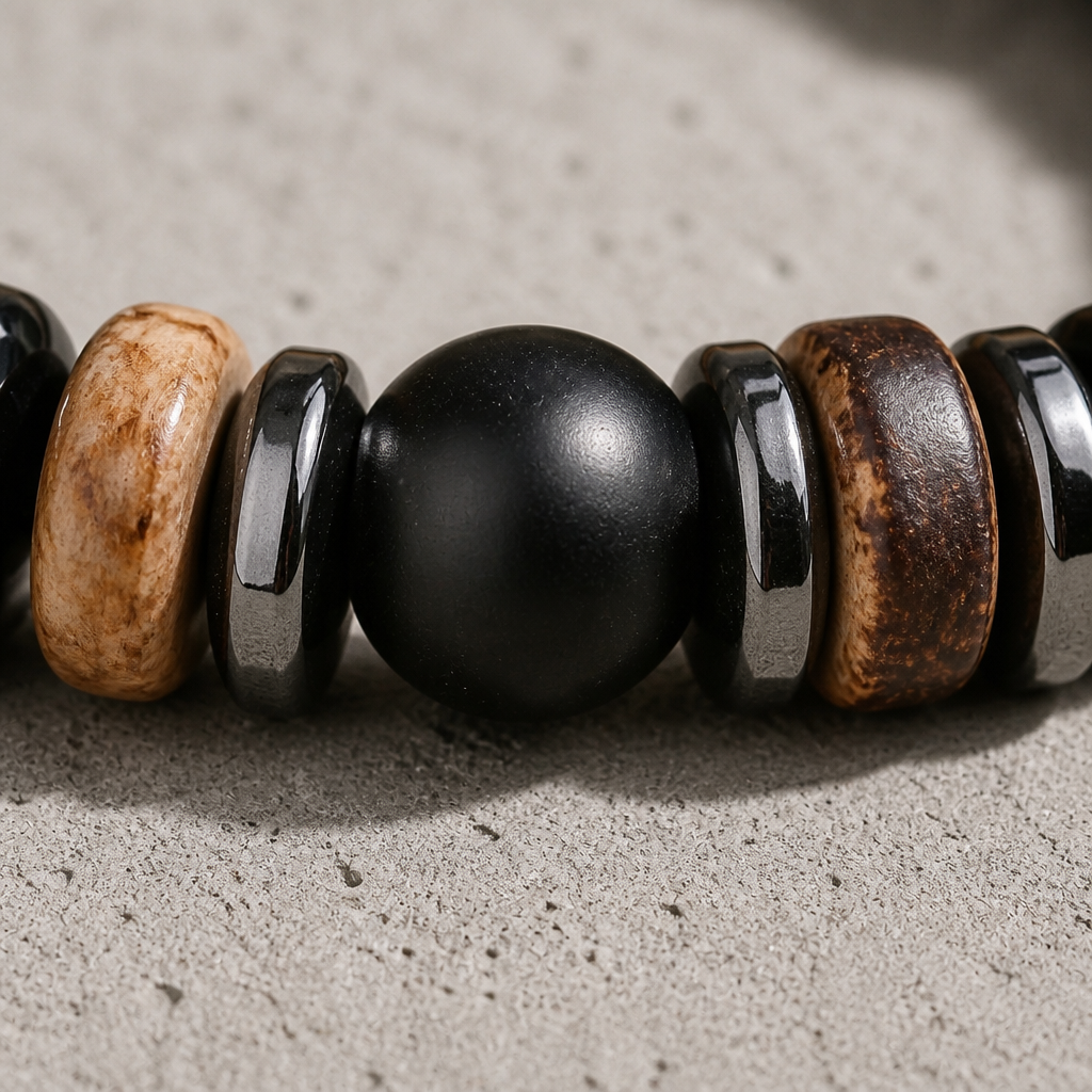 Gros plan des perles de bois et de pierre du bracelet surfeur homme