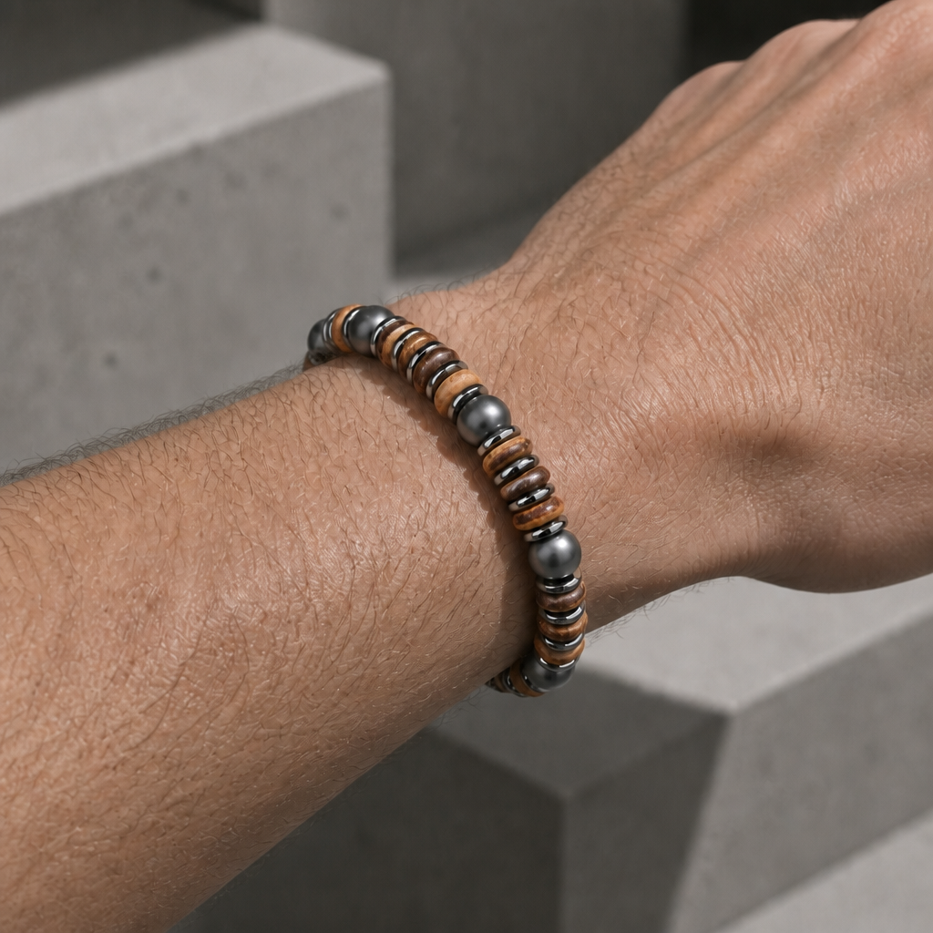 Bracelet surfeur homme porté au poignet, perle gris acier