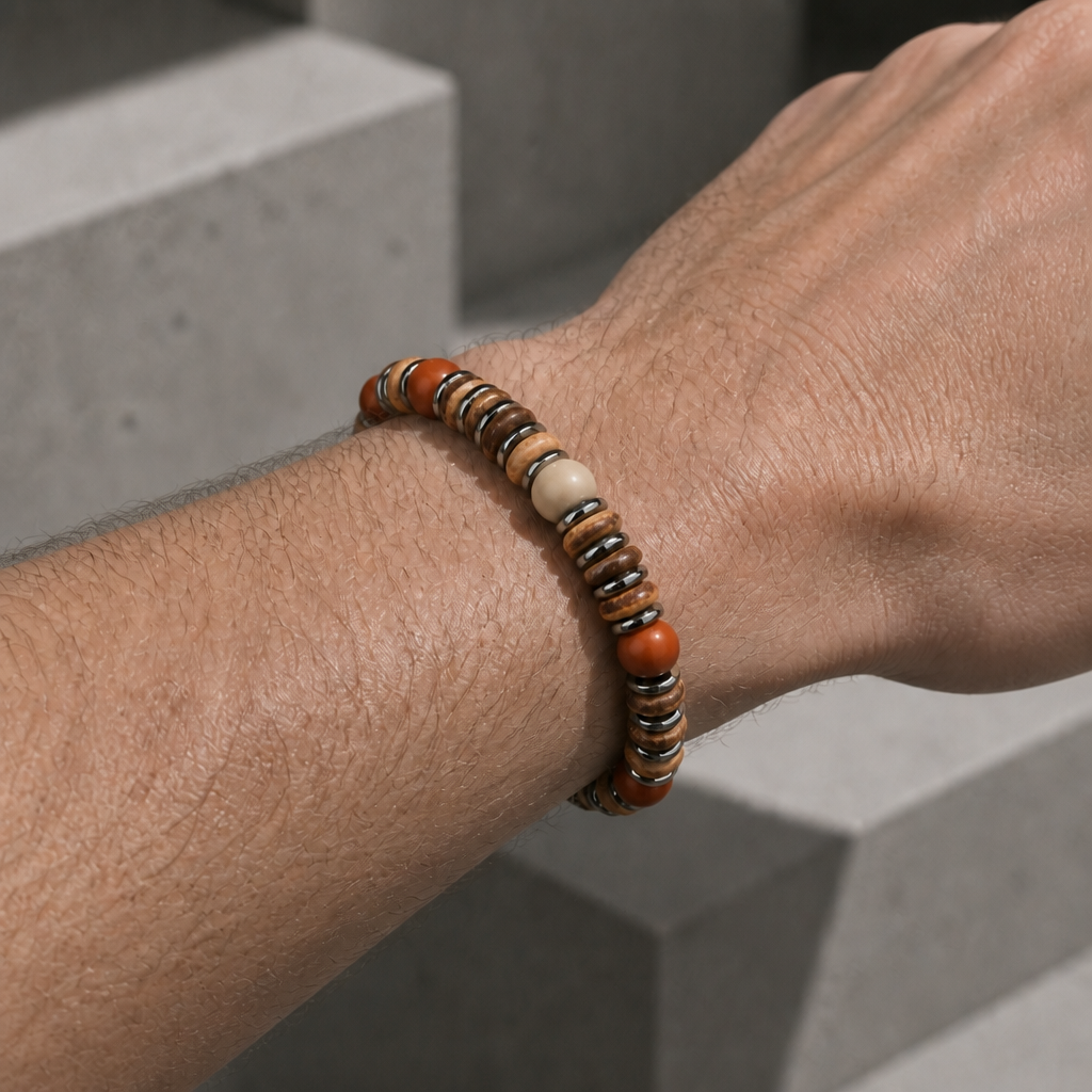 Bracelet surfeur homme porté au poignet, perle marron