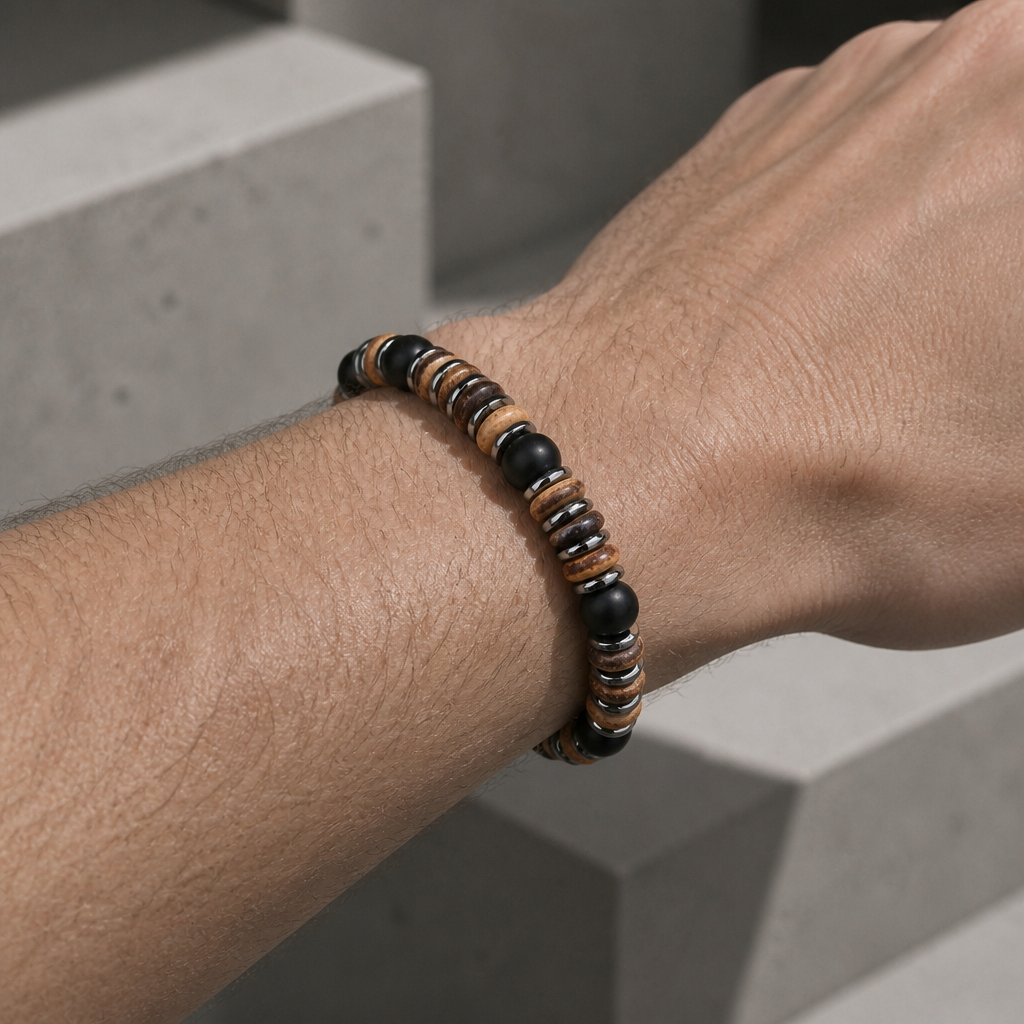 Bracelet surfeur homme porté au poignet, perle noire