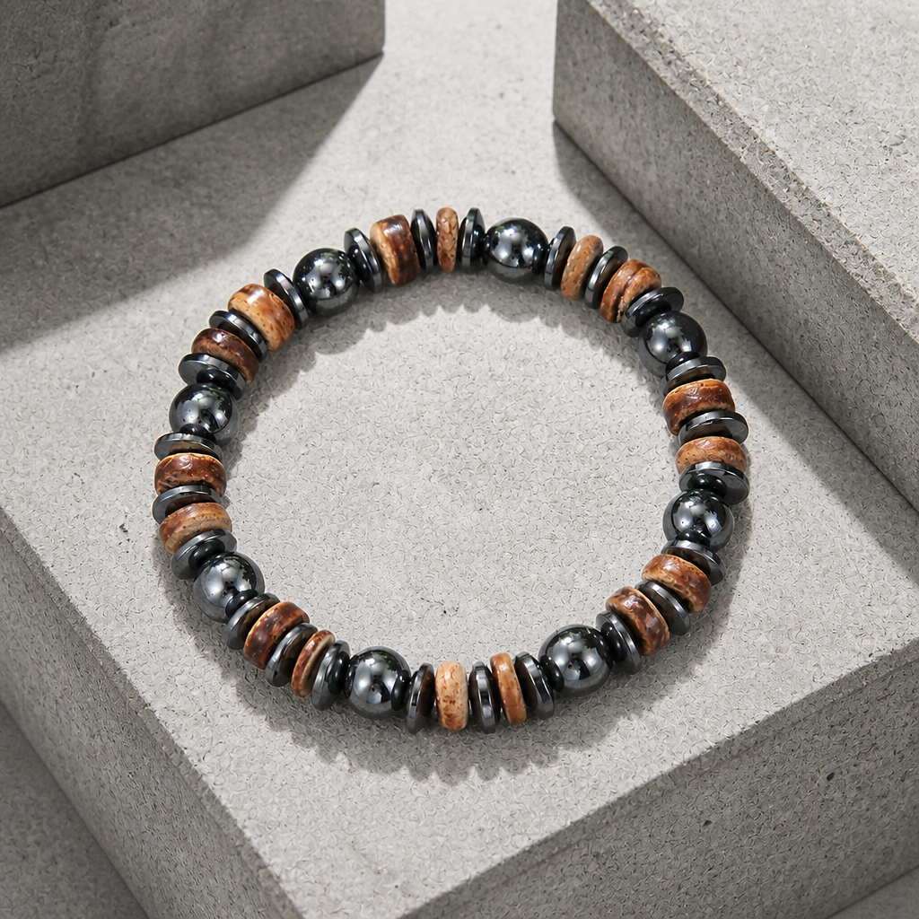 Bracelet surfeur homme perles de bois et pierre gris acier