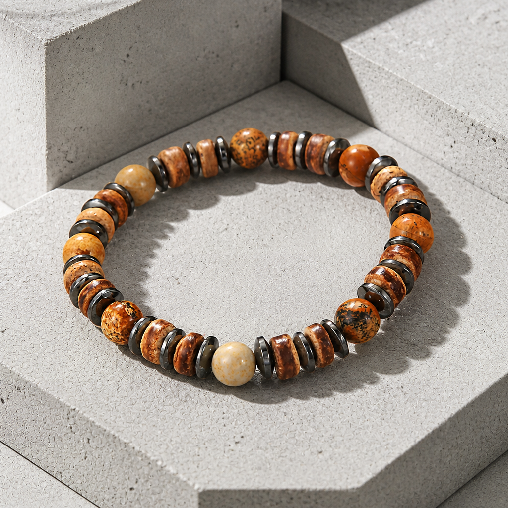 Bracelet surfeur homme perles de bois et pierre marron