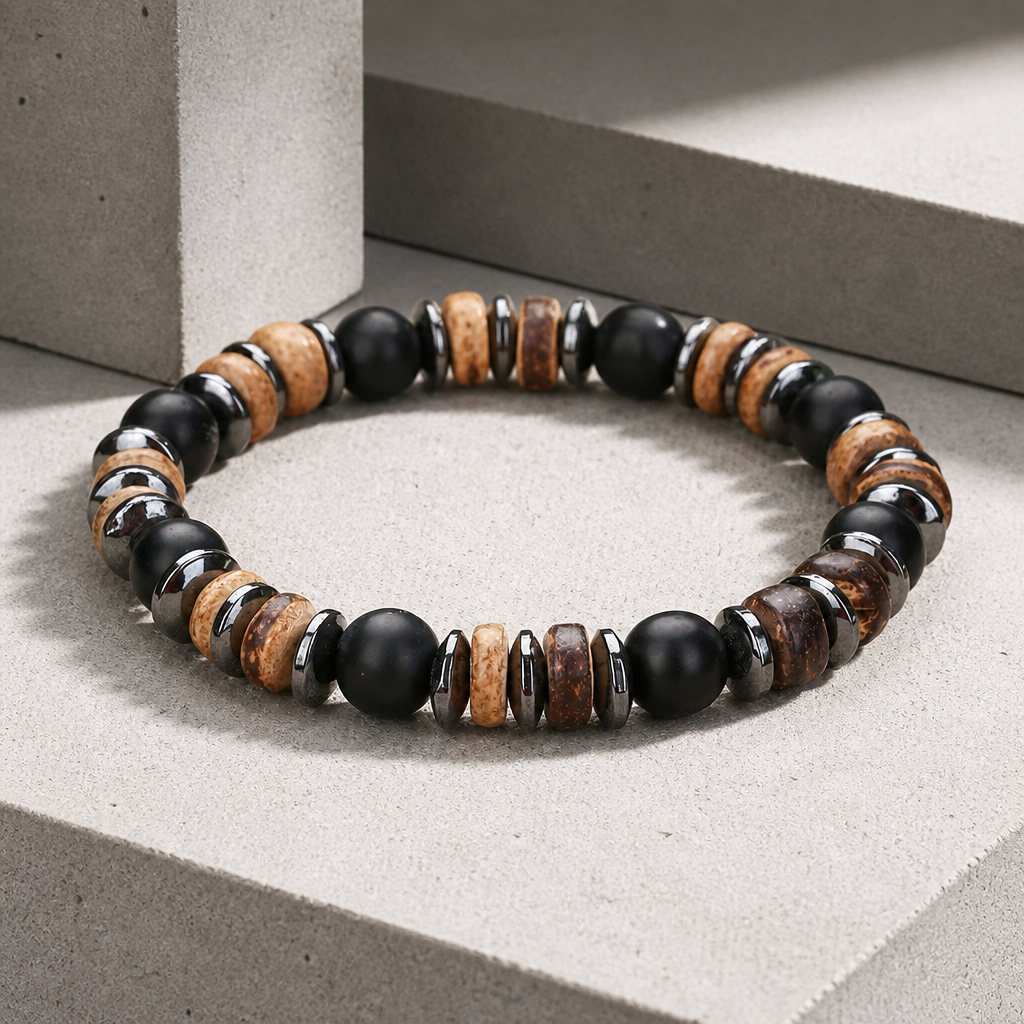 Bracelet surfeur homme en perles de bois et pierre noire posé sur béton