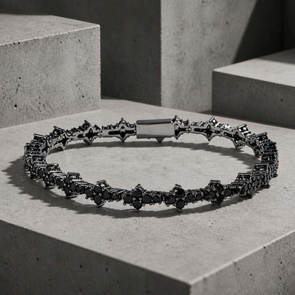Bracelet tennis homme noir, métal et pierres noirs