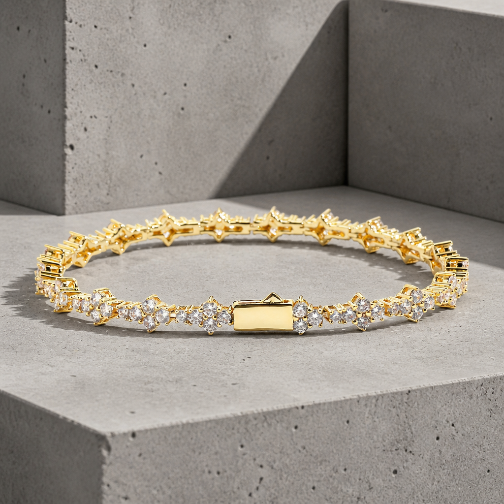 Bracelet tennis homme doré, fleurs serties à l'effet diamant