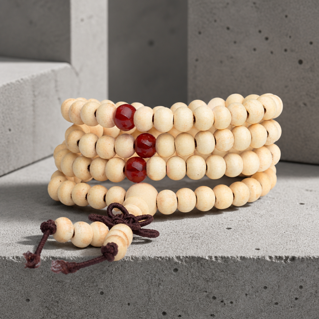 Bracelet tibétain homme mala en perles de bois blanc à enrouler