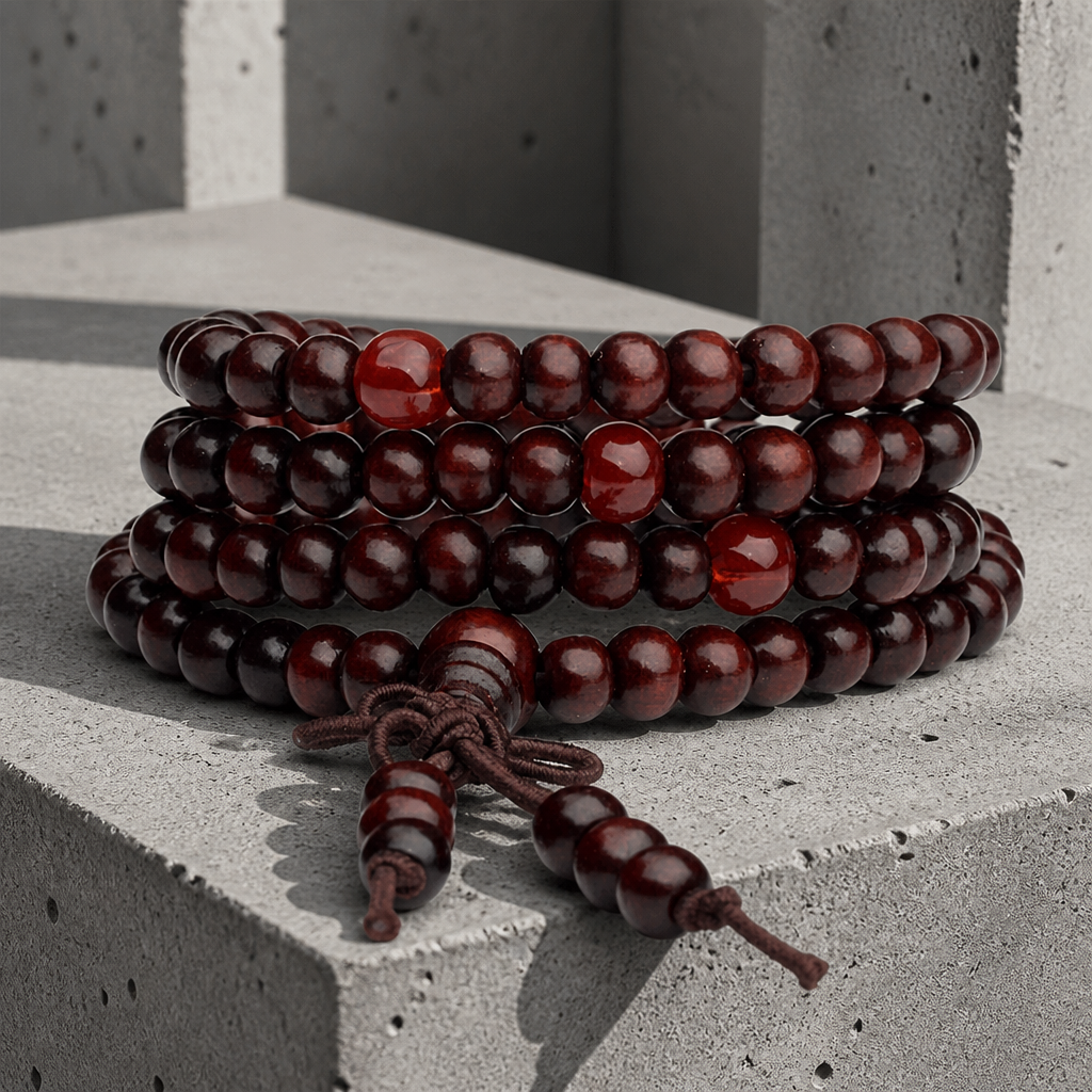Bracelet tibétain homme mala en perles de bois marron