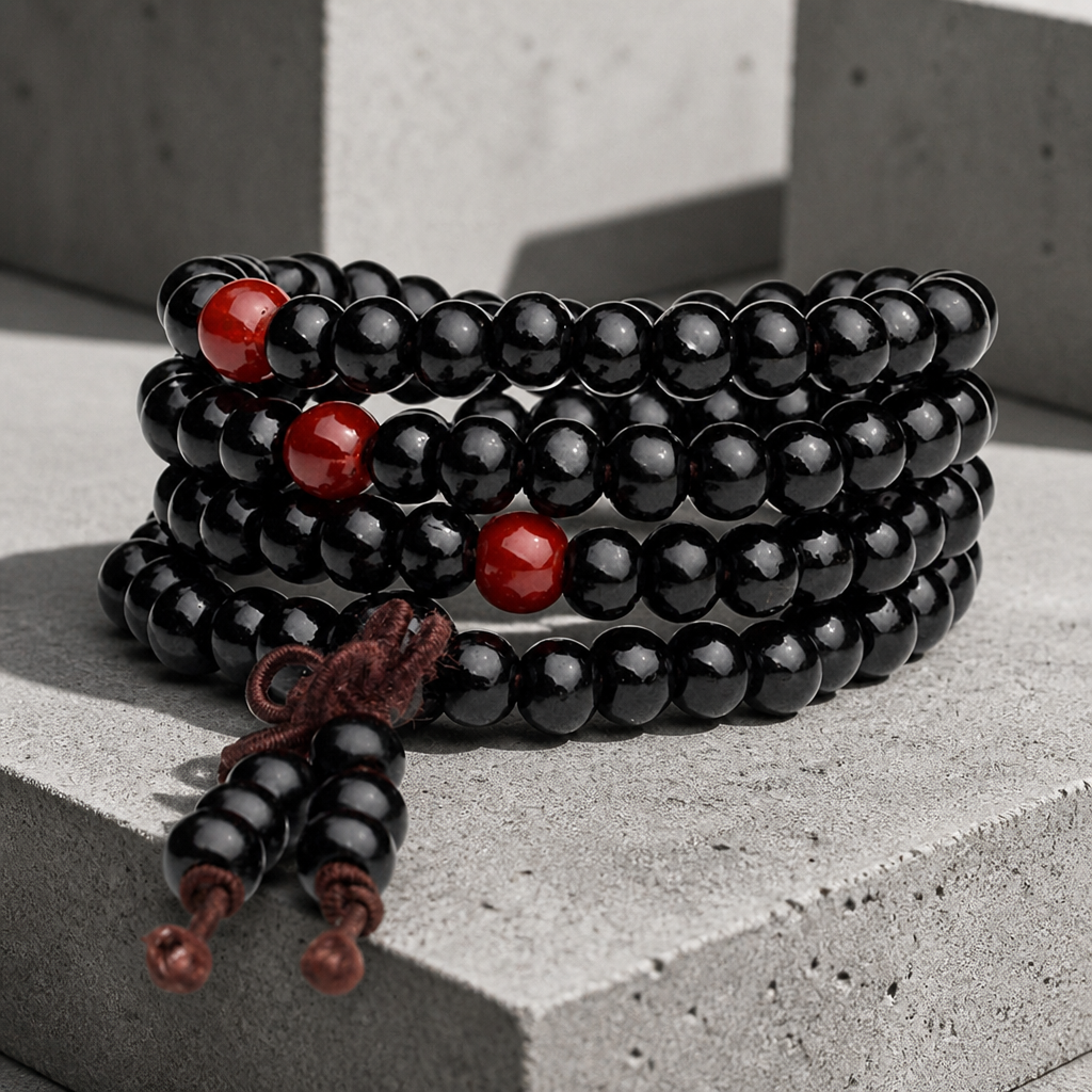 Bracelet tibétain homme mala en perles de bois noir