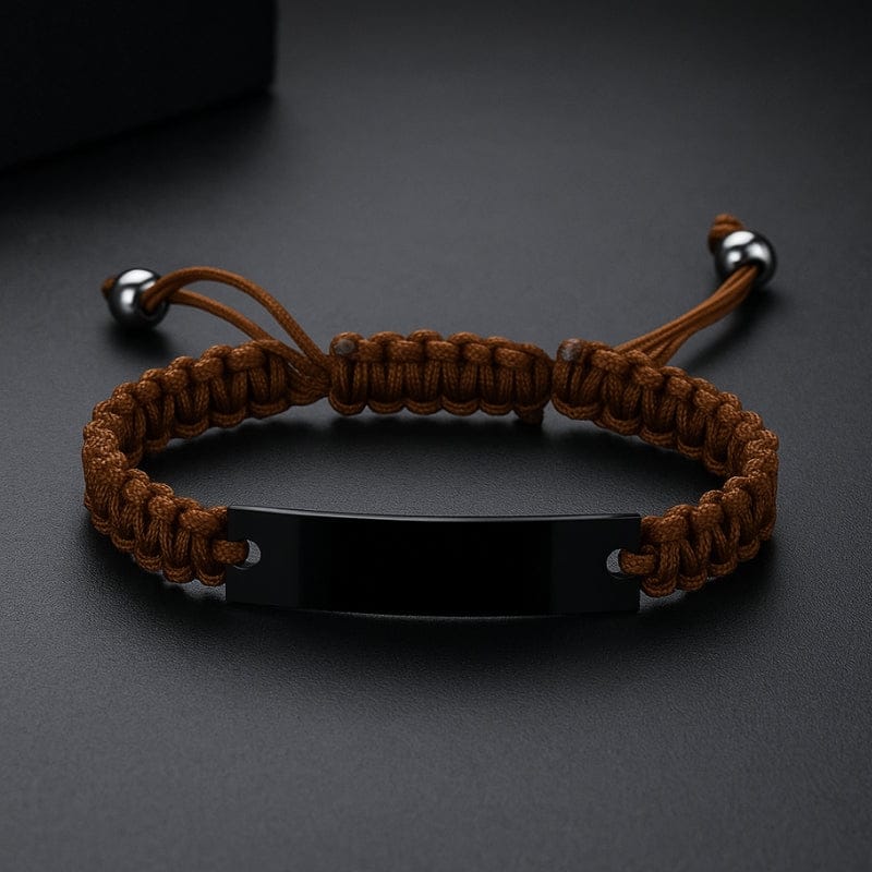 Bracelet homme tissu marron tressé avec plaque acier à graver