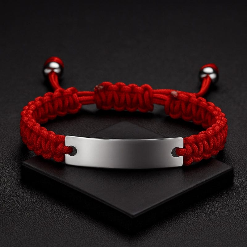 Bracelet homme tissu rouge tressé avec plaque acier à graver
