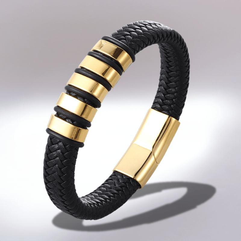 Bracelet tressé cuir homme personnalisé finition or avec plaque à graver