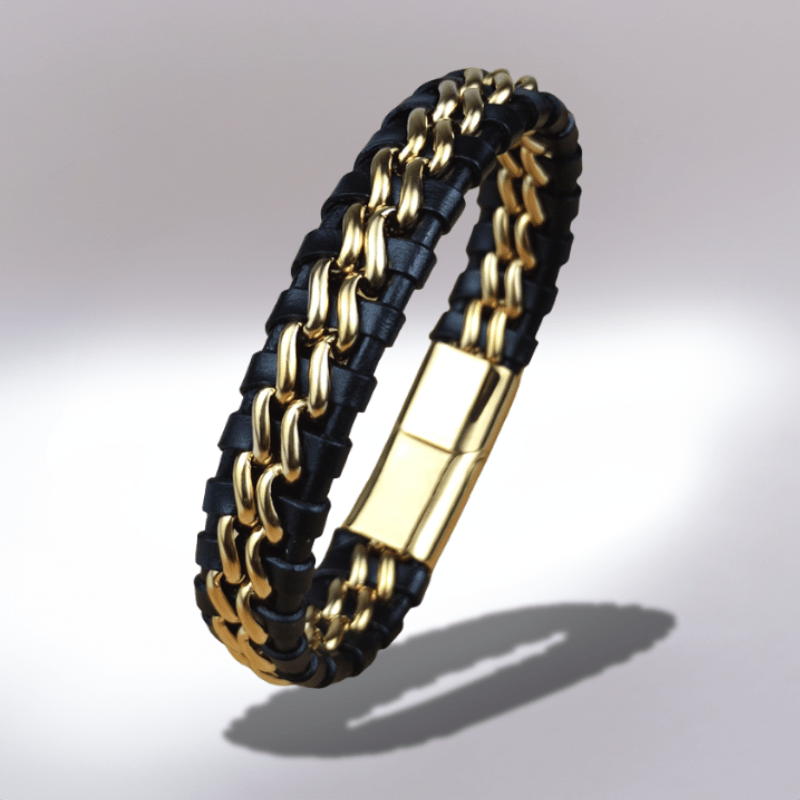 Bracelet homme en cuir tressé et chaîne acier, finition or