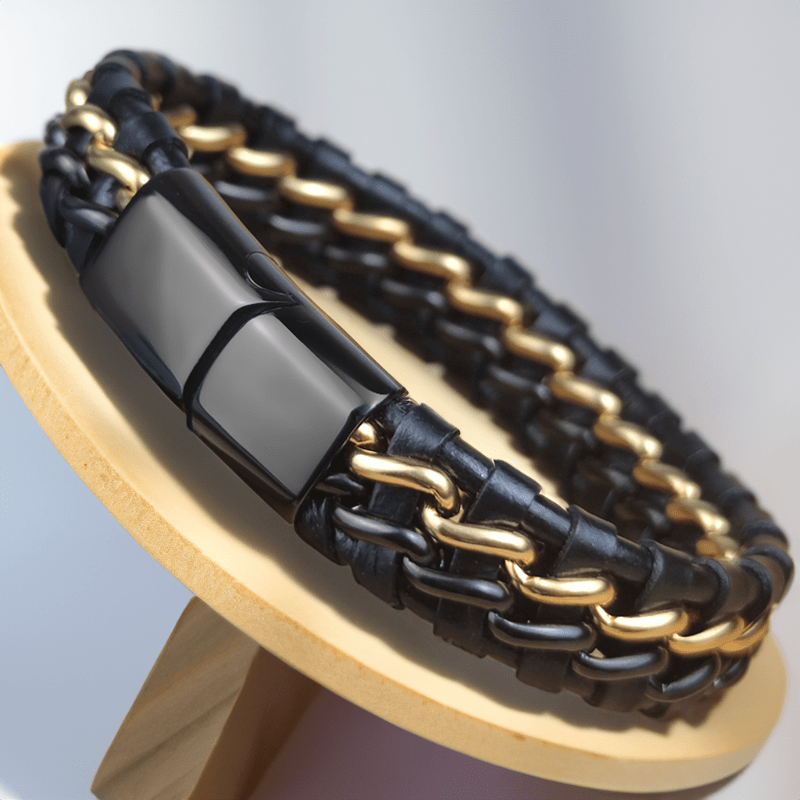 Bracelet homme en cuir tressé et chaîne acier, finition or et noir