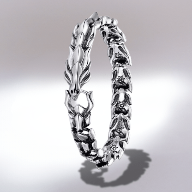 Bracelet viking homme en acier argent à tête de dragon sculptée