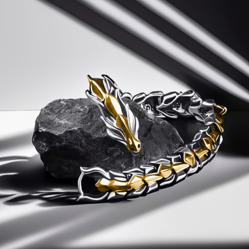 Bracelet dragon homme en acier, tête sculptée dorée sur corps argenté