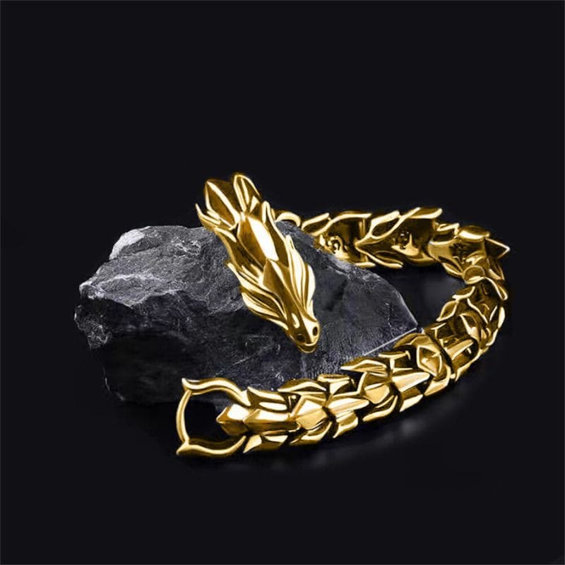 Bracelet dragon homme en acier doré, tête de dragon sculptée
