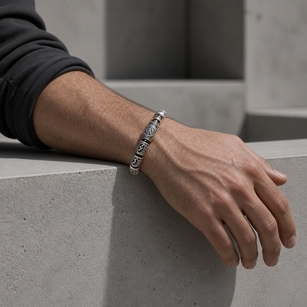 Avant-bras posé sur un bloc de béton, bracelet viking argenté au poignet