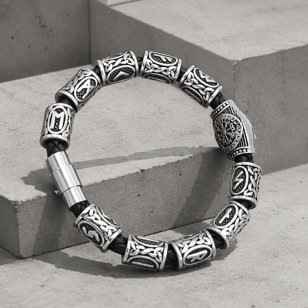 Bracelet viking homme argent en acier inoxydable, perles tubulaires gravées de runes sur cordon noir