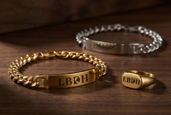 Bracelets pour homme en acier et en cuir avec plaque gravée au prénom