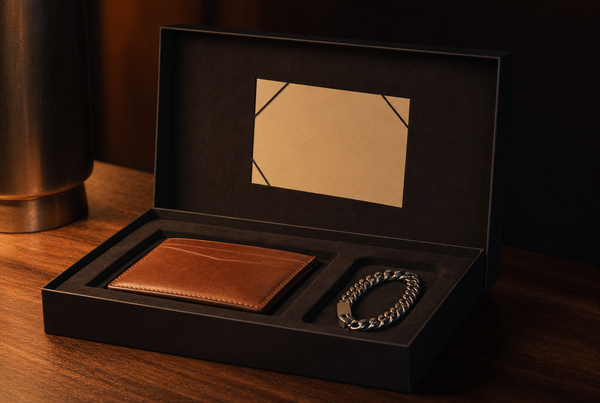 Coffret cadeau ouvert contenant deux accessoires masculins et une carte