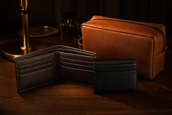 Portefeuille, porte-cartes et trousse de toilette pour homme posés côte à côte sur un bureau en bois