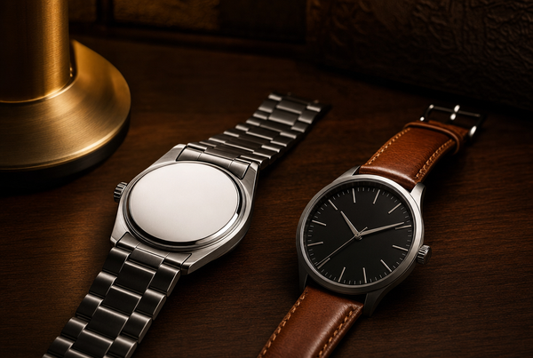 Montre homme en acier posée de dos, fond de boîtier gravé