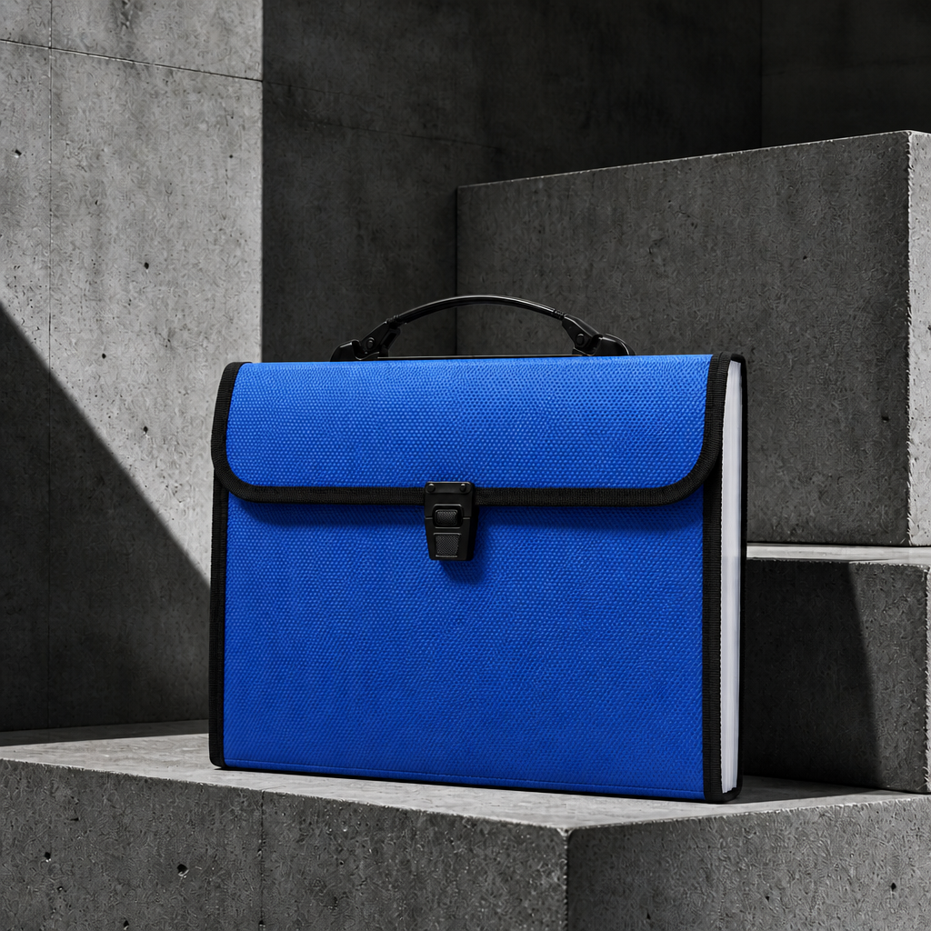 Cartable porte-document A4 à soufflets bleu à poignée, packshot