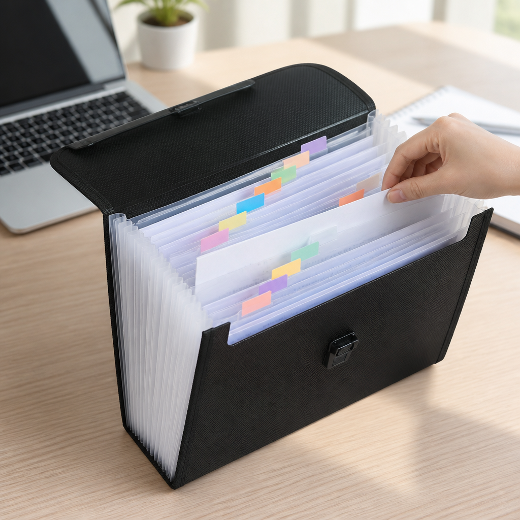 Cartable porte-document ouvert sur un bureau, poches à soufflets