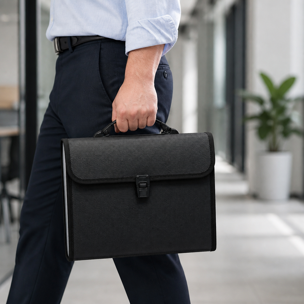 Homme portant le cartable porte-document noir par la poignée