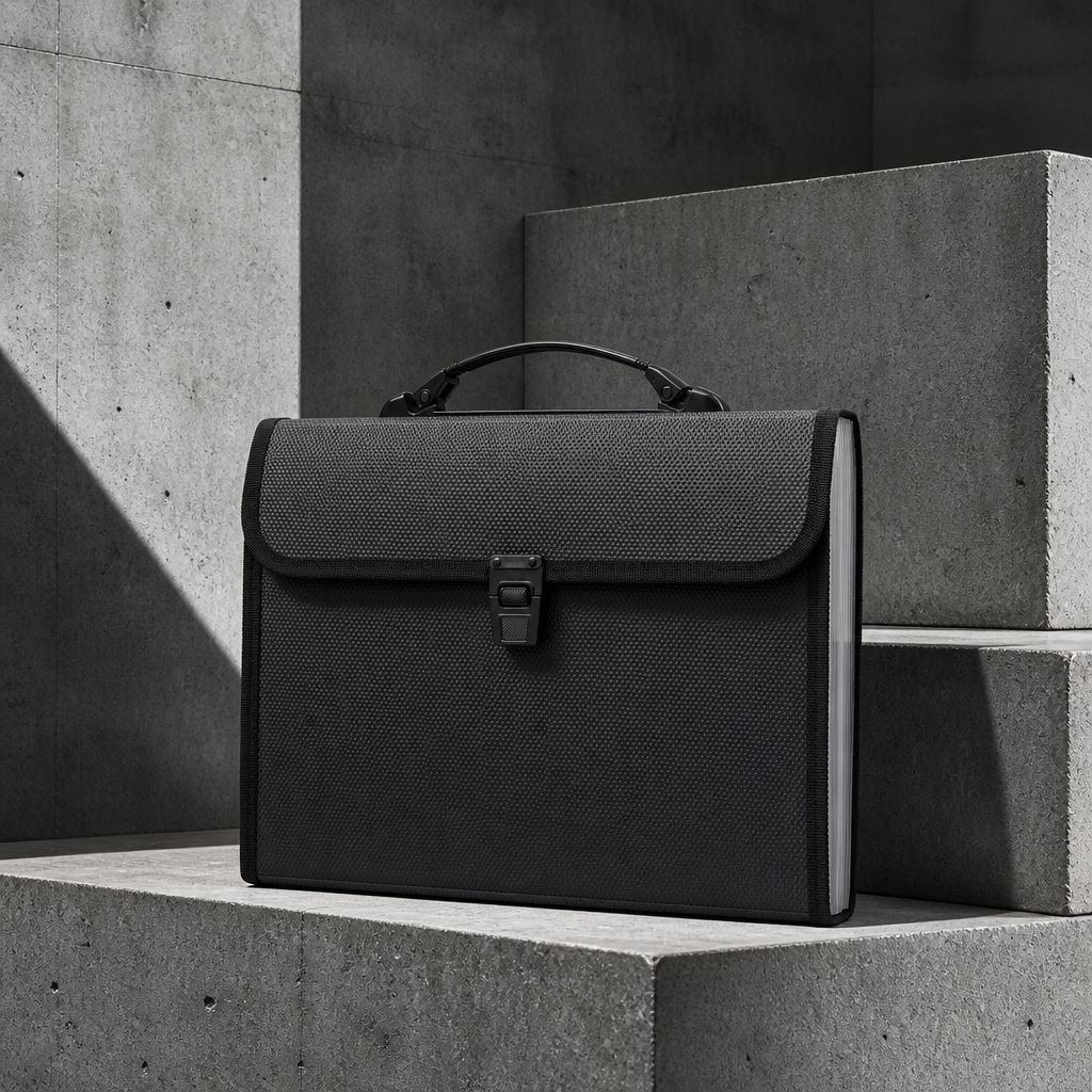 Cartable porte-document A4 à soufflets noir à poignée, packshot