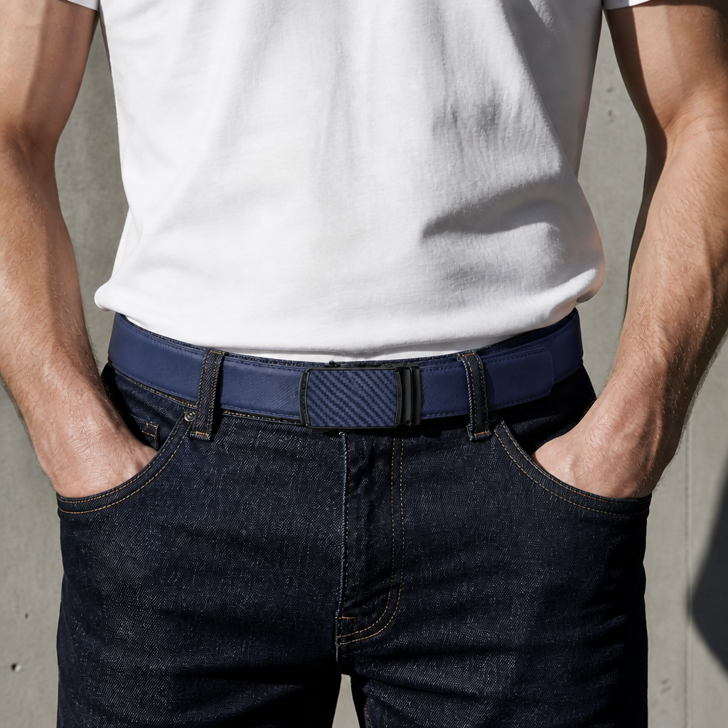 Ceinture à cliquet homme bleu marine portée sur un jean brut, plaque de boucle assortie