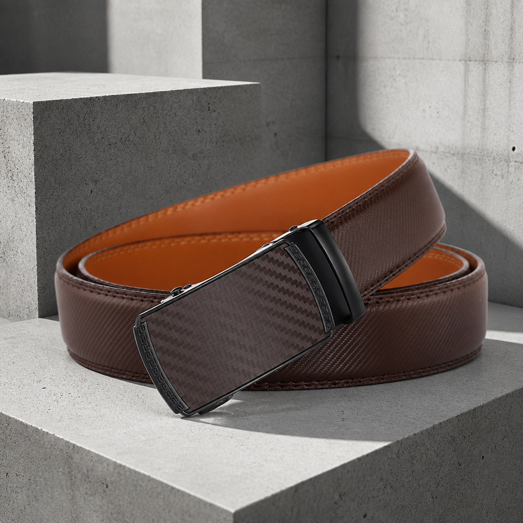 Ceinture à cliquet homme marron façon carbone, plaque de boucle teintée en marron