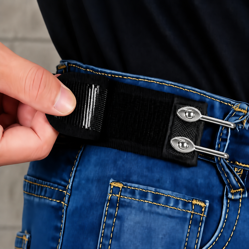 Bande noire posée sur la ceinture d'un jean, crochet argenté passé dans le passant