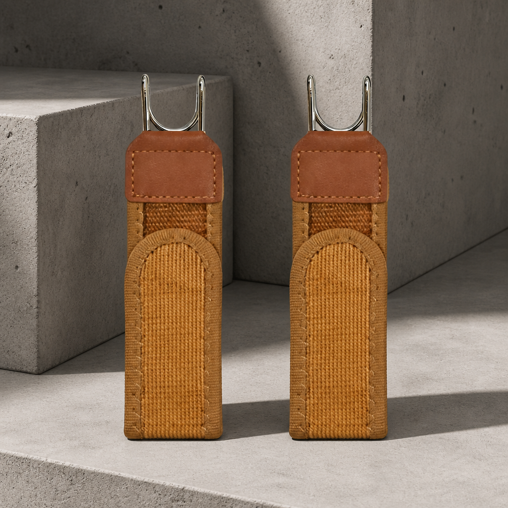 Ceinture ajustable homme à crochet, lot de deux bandes camel sur un bloc de béton