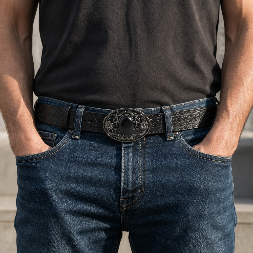Ceinture américaine homme noire portée sur un jean bleu, boucle ovale centrée