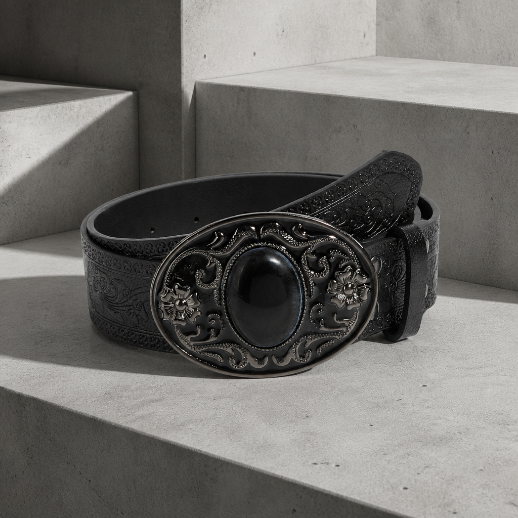 Ceinture américaine homme noire en similicuir gaufré, grande boucle ovale à cabochon noir