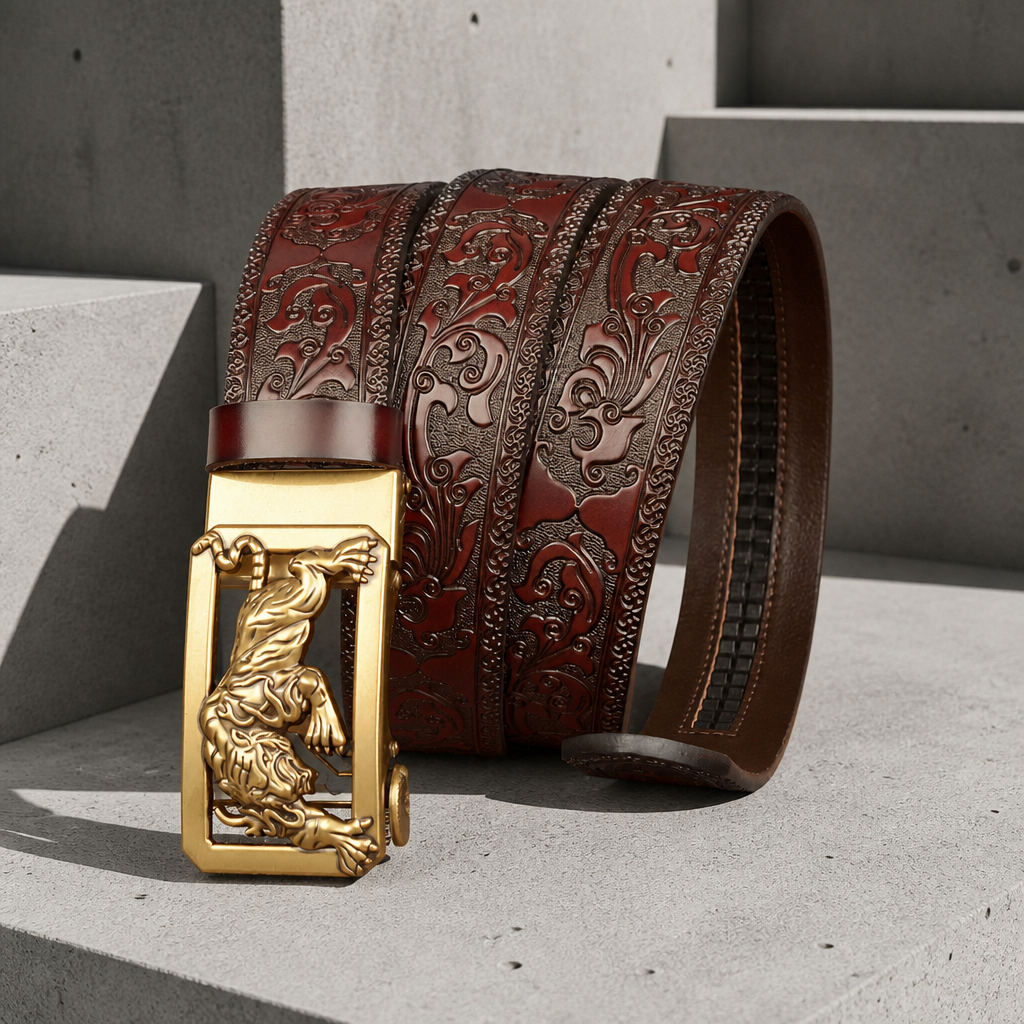 Ceinture automatique homme bordeaux enroulée, rinceaux embossés et crémaillère au revers
