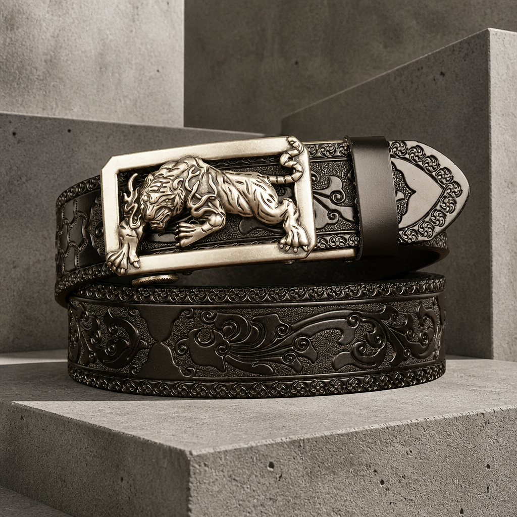 Ceinture automatique homme en cuir noir embossé, boucle tigre en relief finition argent vieilli