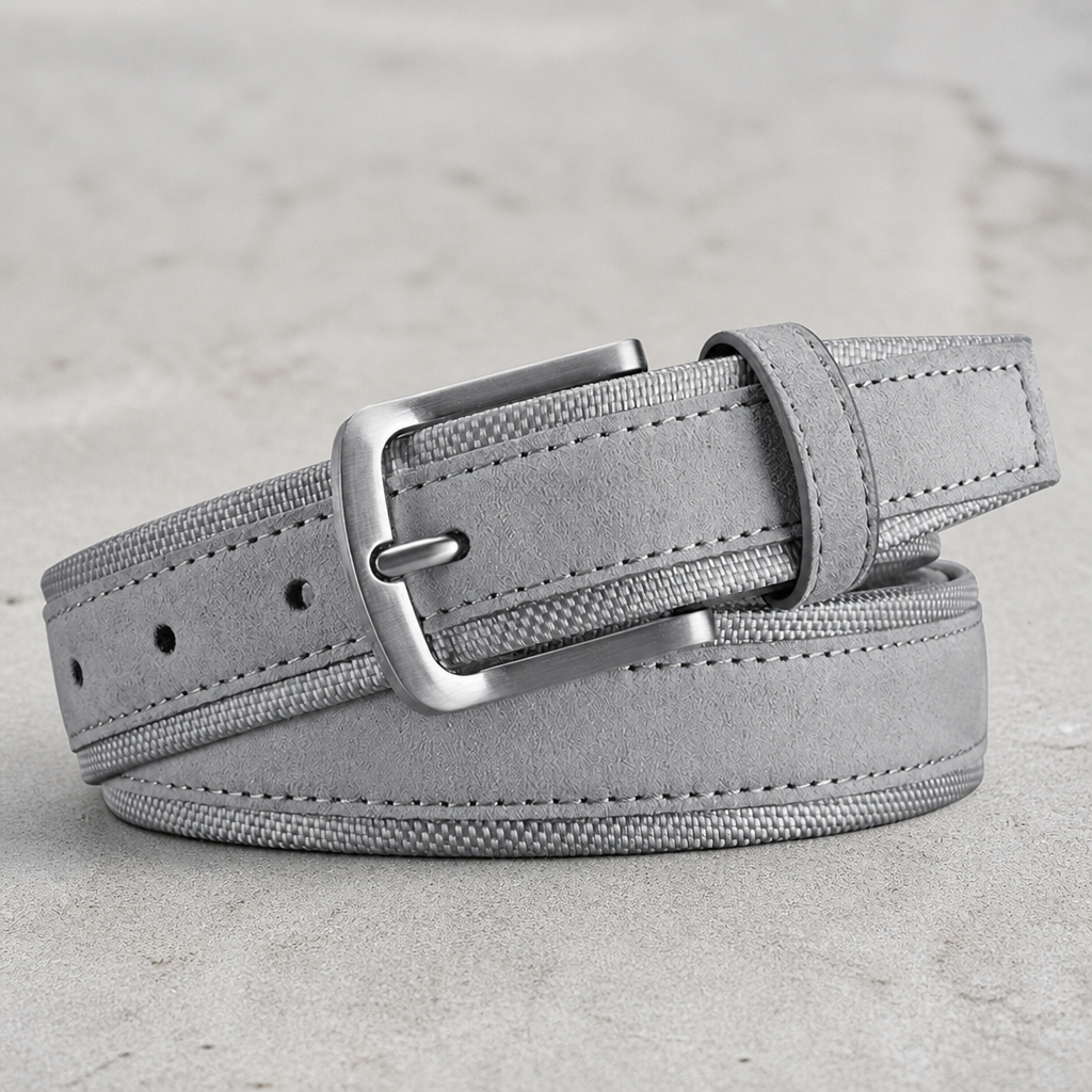 Ceinture grise homme effet suède bouclée, double surpiqûre et liseré de toile Oxford