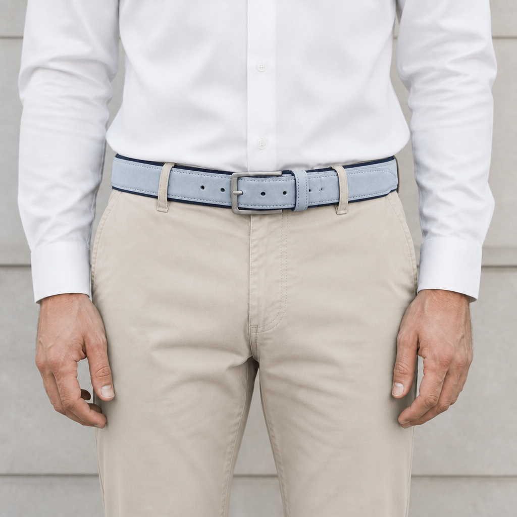 Des Finitions Exemplaires - Ceinture Homme Effet Suède sur Toile, Beige, Grise ou Bleu Clair