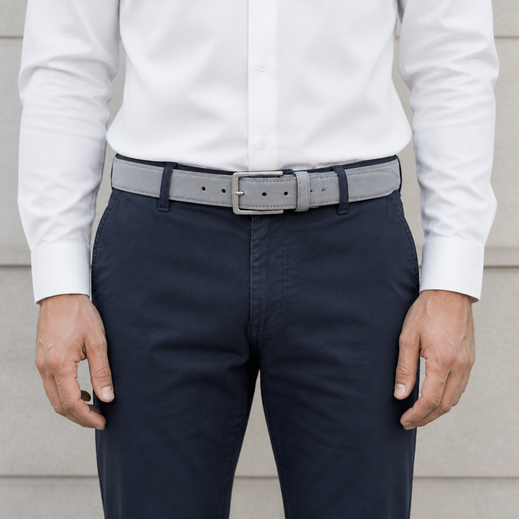 Ceinture grise homme effet suède portée sur un chino bleu marine