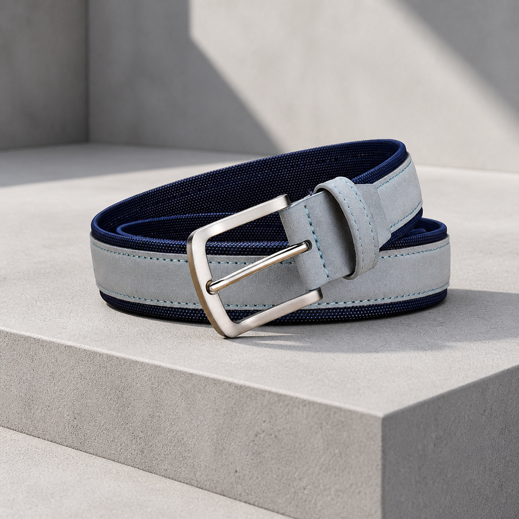 Ceinture homme effet suède bleu clair bordée de toile Oxford bleu marine, boucle argent brossé