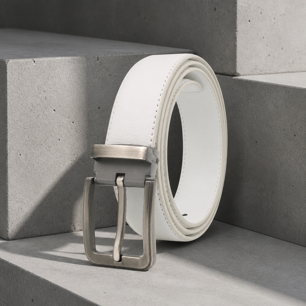 Ceinture blanche homme en croûte de cuir grainé, boucle à ardillon brossée