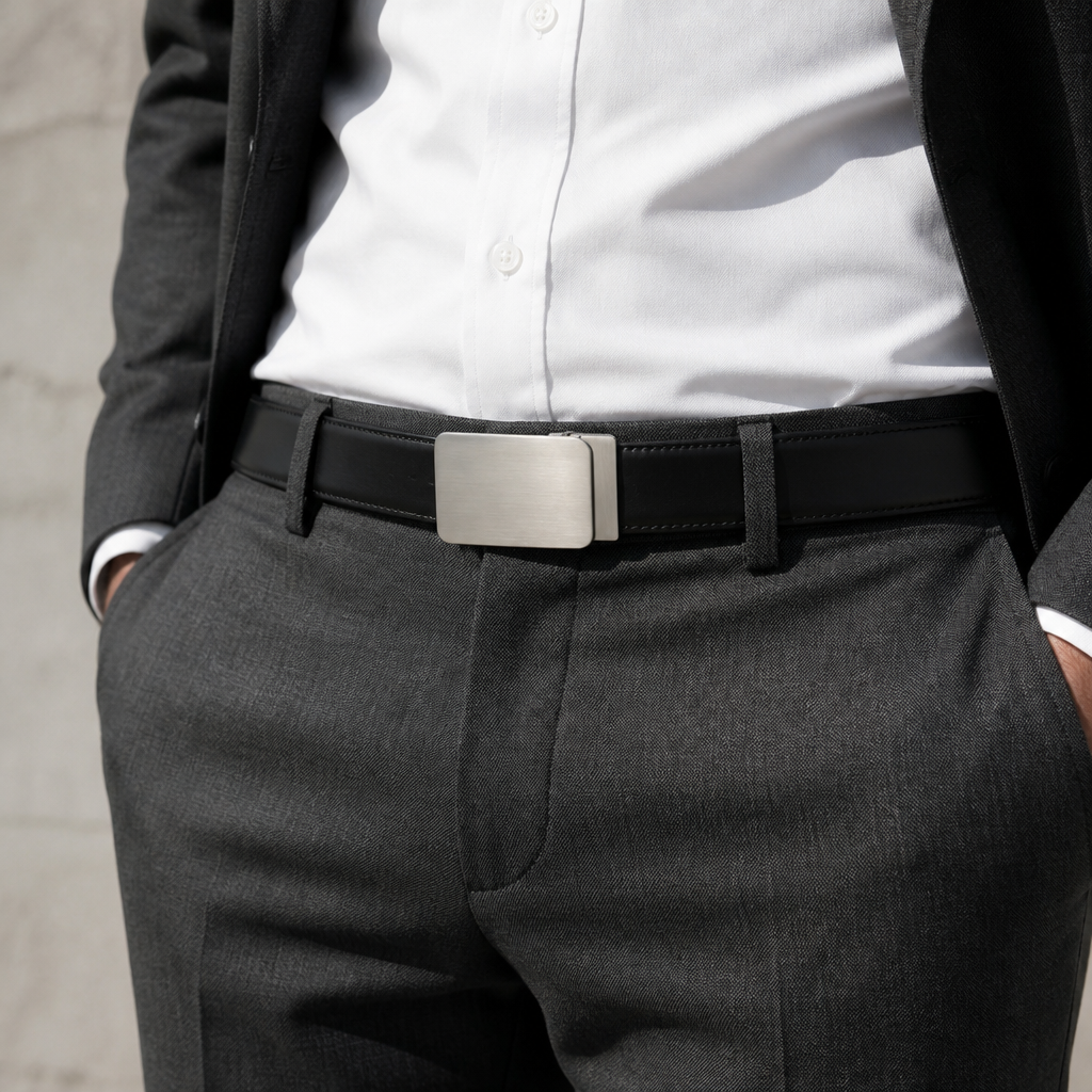 Ceinture homme noire à plaque brossée portée avec un costume gris anthracite et une chemise blanche