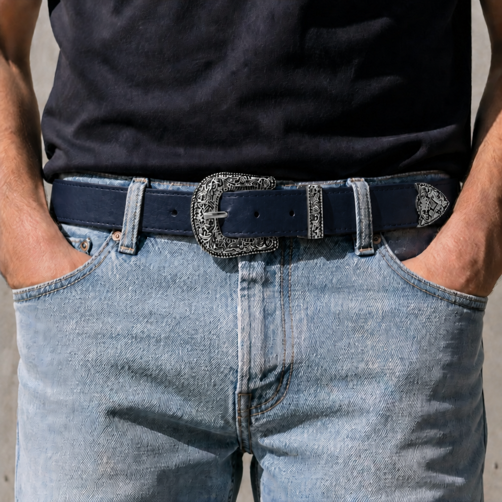 Ceinture boucle western homme bleu marine à boucle argent vieilli portée sur un jean