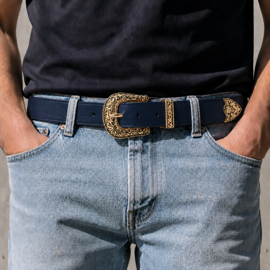 Ceinture boucle western homme bleu marine à boucle or vieilli portée sur un jean